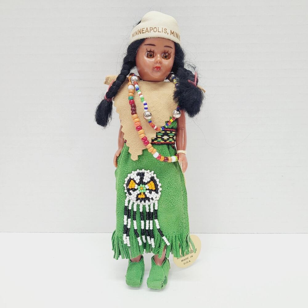Minnehaha Native American Indian Hand Beaded Doll 7.5" Hard Plastic Sleepy Eyes